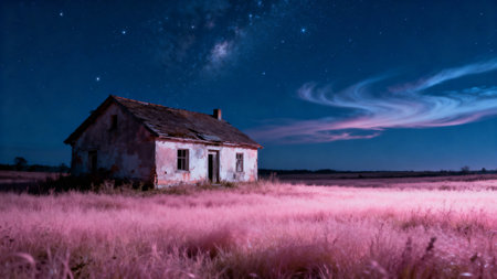 Abandoned house in the prairie at night with starry skyの素材
