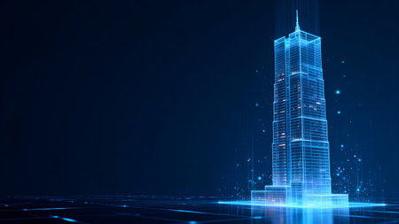 Abstract glowing skyscraper on dark blue background. 3D Renderingの素材