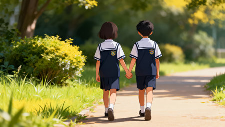 Back view of asian school boy and girl holding hands walking in the parkの素材