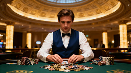 Casino, gambling, people and entertainment concept - young man playing poker in casinoの素材