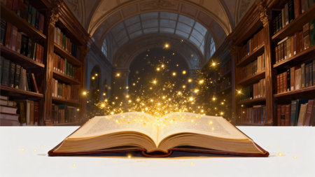 Open book with magic light and glowing stars flying out of it.の素材