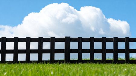 wooden fence and green grass against the blue sky with white cloudsの素材