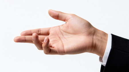 Close-up image of male hand showing two fingers on white backgroundの素材