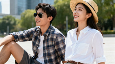 happy young asian couple in sunglasses sitting on road and looking at each otherの素材