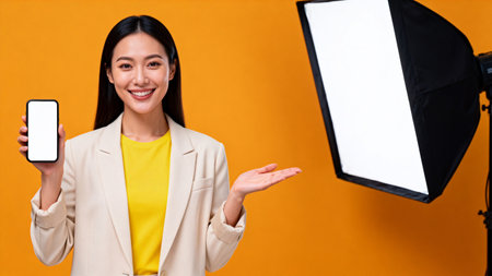Happy asian woman showing smartphone with blank screen isolated on yellow backgroundの素材