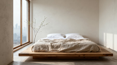 Interior of modern bedroom with wooden bed and window with city viewの素材