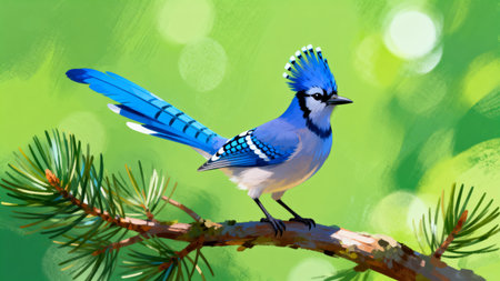 Blue jay bird on a branch of a pine tree. Vector illustration.の素材