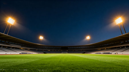 lights at night on the football stadium with green grass and spotlightsの素材
