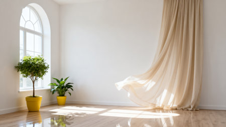 interior of a modern room with white walls, floor and windowの素材