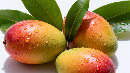 Mango fruit with water drops on a white background, close upの素材
