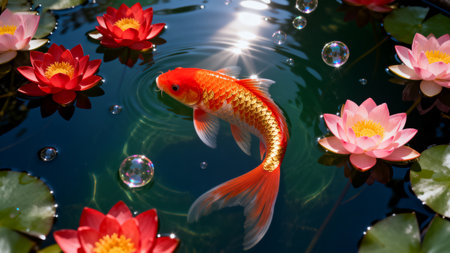 Goldfish swimming in a pond with water lilies and bubbles.の素材