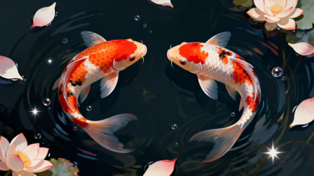 Koi fish in the pond with lotus flower and water lilyの素材