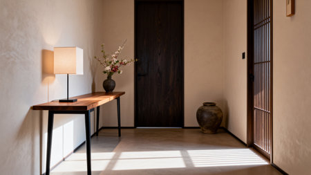 Interior of a room with wooden table, lamp and vaseの素材