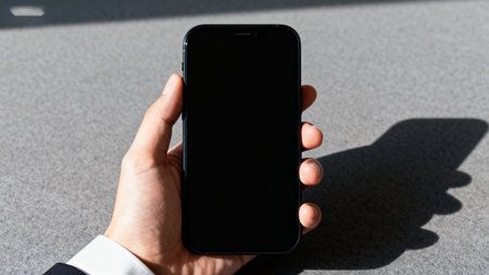 Mockup image of a hand holding a black smartphone with blank screenの素材