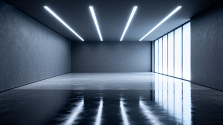 3d render of empty room with neon lights and reflections on floorの素材