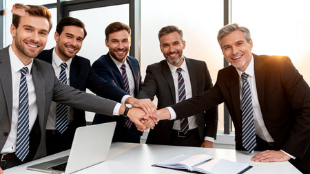 Successful business people shaking hands, finishing up a meeting. Business conceptの素材