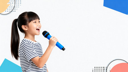 Asian little girl singing with microphone on white background with copy space.の素材