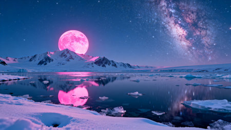 Fantastic pink full moon over snow-capped mountains and frozen lake at nightの素材