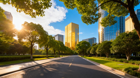clean asphalt road through the modern city at sunset, shanghai china.の素材