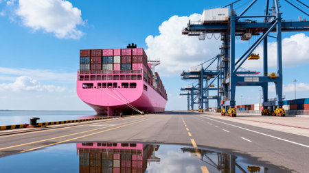Container Cargo freight ship with working crane bridge in shipyard for Logistic Import Export backgroundの素材