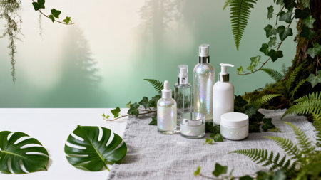 Natural cosmetics with green leaves on a white table and green background.の素材