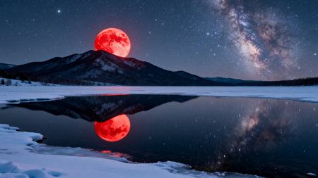 Red full moon rising over a lake in winter with reflection of mountainsの素材