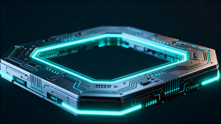 3D rendering of a computer chip with blue neon lights in itの素材