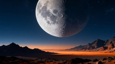 Fantasy alien planet. Mountain and moon. 3D illustration.の素材