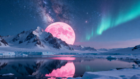 Aurora borealis on the background of the moon and mountainsの素材