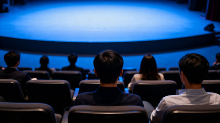 Back view of a group of people sitting in the auditorium and watching the movieの素材