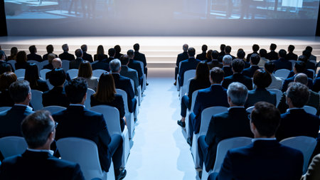 Business and entrepreneurship symposium. Speaker giving a talk at business meeting. Audience in conference hall. Rear view of unrecognized participant in audience.の素材