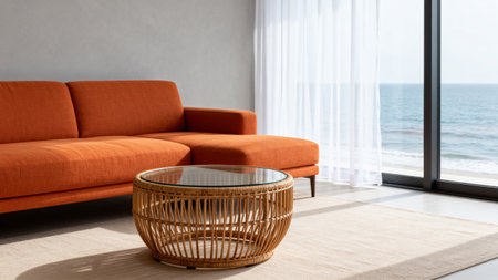 modern living room with orange sofa and rattan table, nobody insideの素材