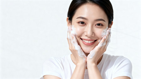 Portrait of a young asian woman applying cream on her faceの素材