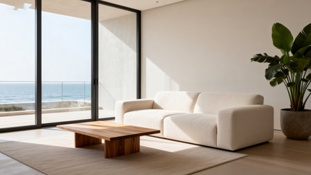 Modern bright interiors 3D rendering illustration, living room with sea viewの素材