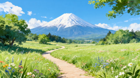 blur image of mountain fuji and meadow with flower backgroundの素材