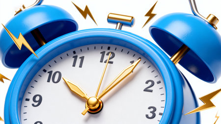 Blue alarm clock with golden arrows on white background. 3D illustration.の素材