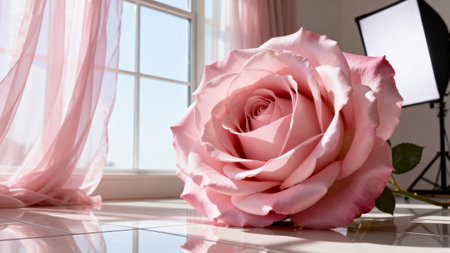 Pink rose on the background of a window with curtains and a mirrorの素材