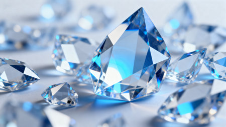 Blue diamond on a white background. 3d rendering, 3d illustration.の素材