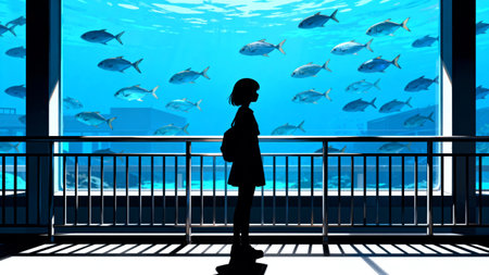 Silhouette of a woman looking at the fish in the aquariumの素材