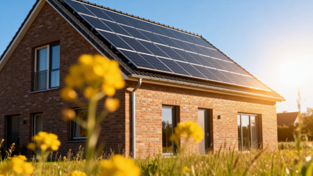Solar panels on the roof of a house with yellow flowers in the foregroundの素材