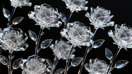 Beautiful crystal roses on black background, close-up, macroの素材