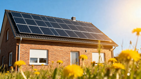 Solar panels installed on the roof of a house with dandelionsの素材