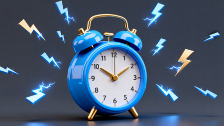 Blue alarm clock with lightning. Time concept. 3D Renderingの素材