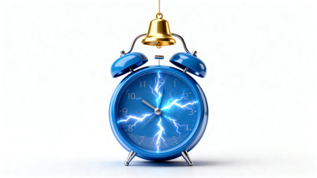 Blue alarm clock with lightning on white background. 3D illustration.の素材