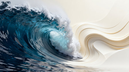 3D illustration of a blue ocean wave with white foam and cloudsの素材