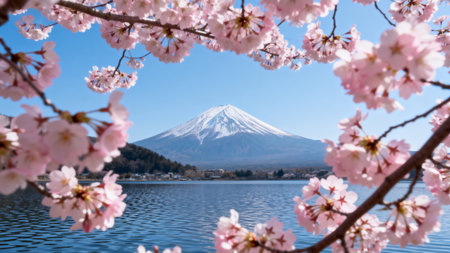 Mount Fuji and Cherry Blossom at Kawaguchiko lake, Japanの素材