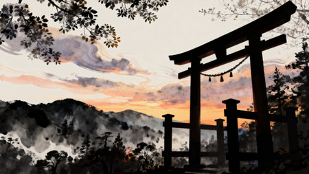 Landscape with torii gate at sunset in Japan. Digital paintingの素材