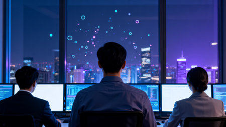 Business people working on computers in office with city view in the backgroundの素材