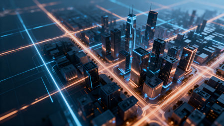 3d illustration of skyscrapers in futuristic city with neon lightsの素材