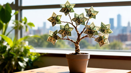 Money tree from dollar banknotes in a pot on the windowsillの素材